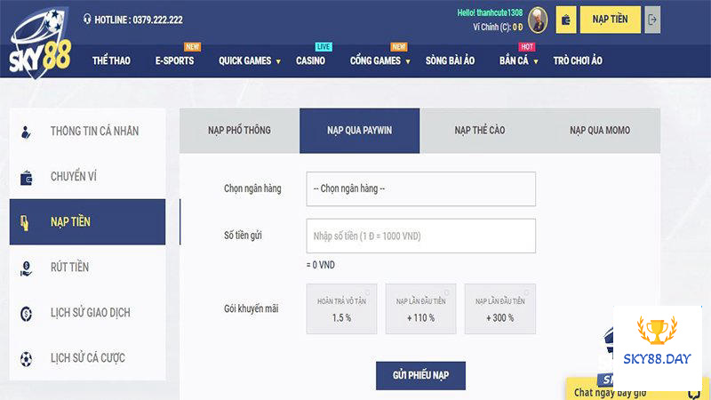 Nạp tiền Sky88 siêu tốc với Paywin