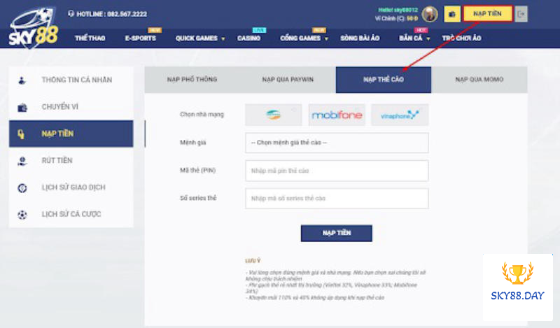 Nạp tiền Sky88 qua thẻ cào điện thoại di động hữu ích